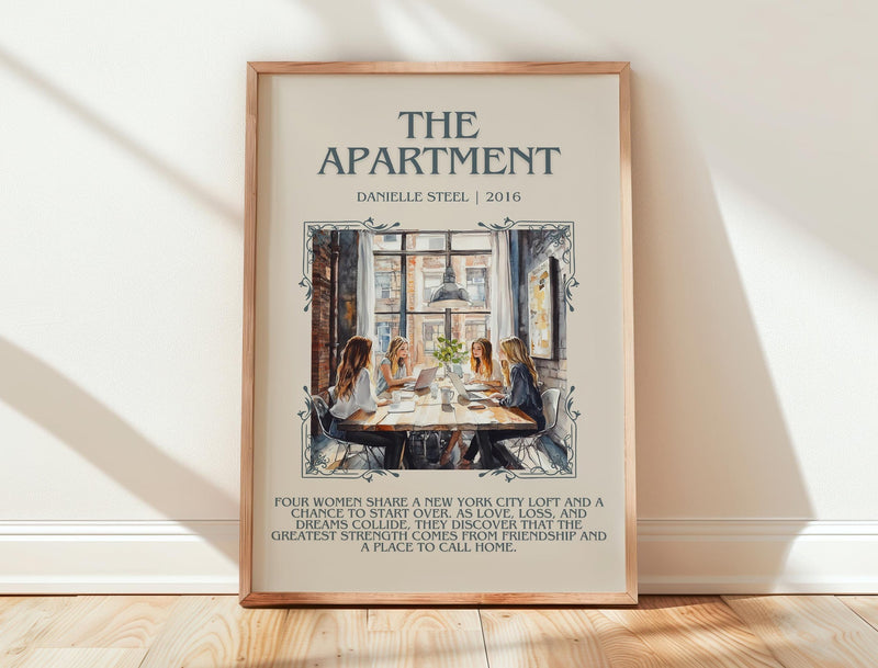 The Apartment minimalist print in frame leaning in hallway – romance wall art