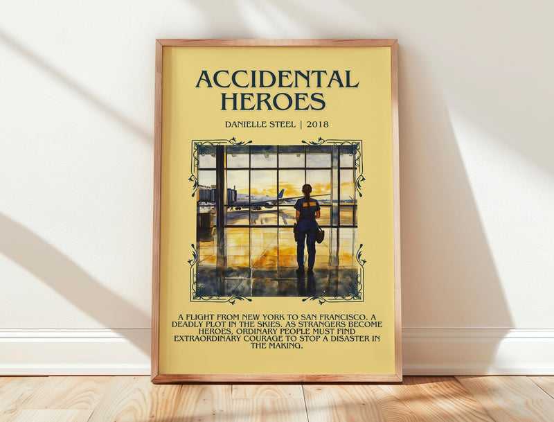 Accidental Heroes minimalist print in frame leaning in hallway – contemporary fiction wall art