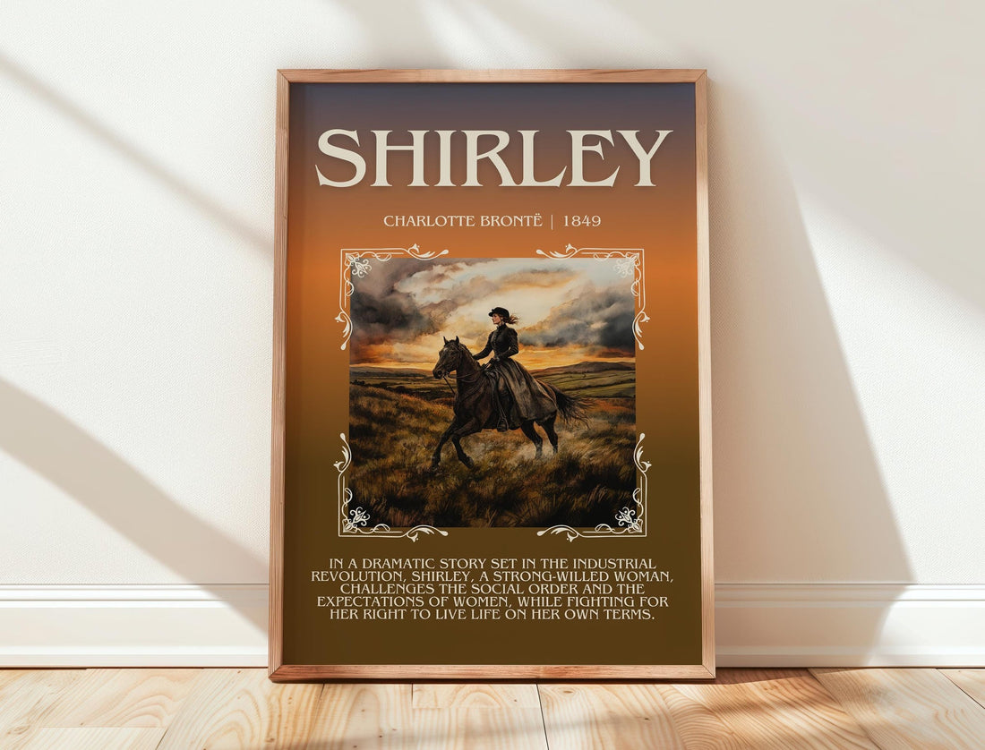 Shirley minimalist print in frame leaning in hallway – historical fiction wall art (mockup)