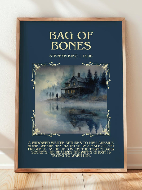 Bag of Bones minimalist print in frame leaning in hallway – horror wall art
