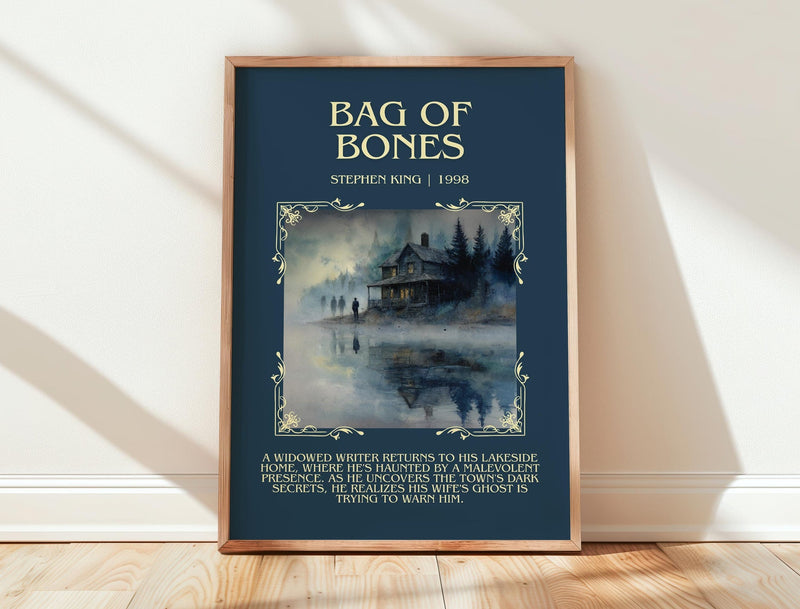 Bag of Bones minimalist print in frame leaning in hallway – horror wall art