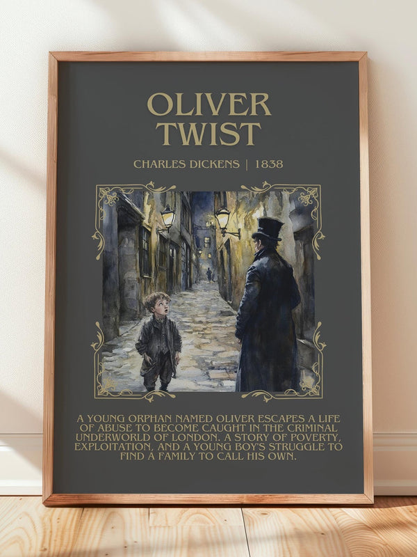Oliver Twist minimalist print in frame leaning in hallway – classic literature wall art
