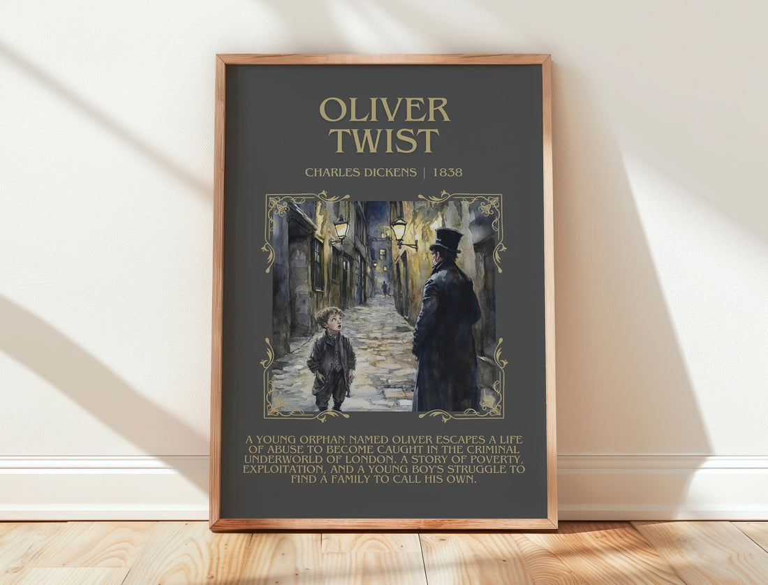 Oliver Twist minimalist print in frame leaning in hallway – classic literature wall art (mockup)