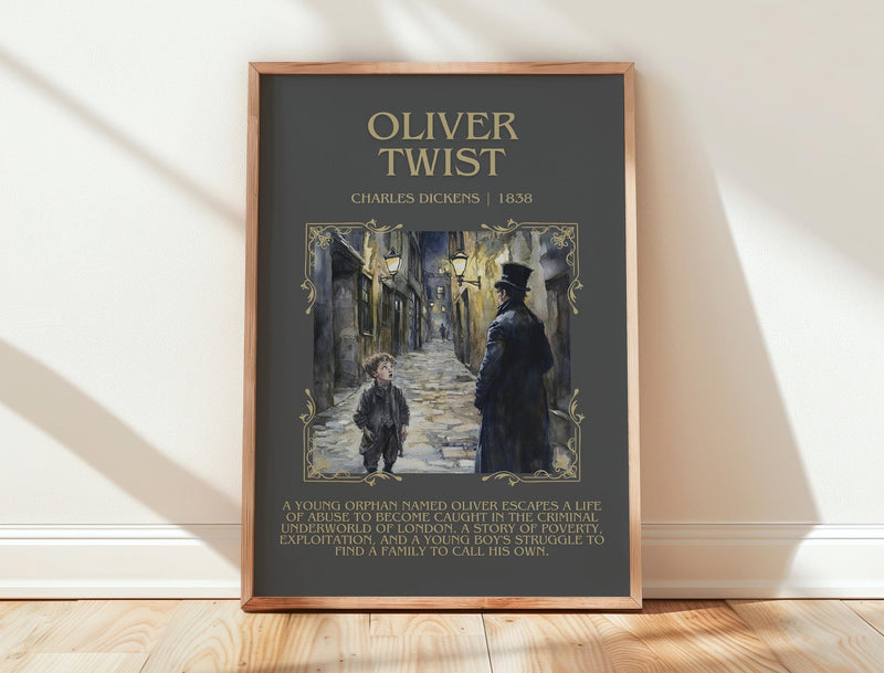 Oliver Twist minimalist print in frame leaning in hallway – classic literature wall art
