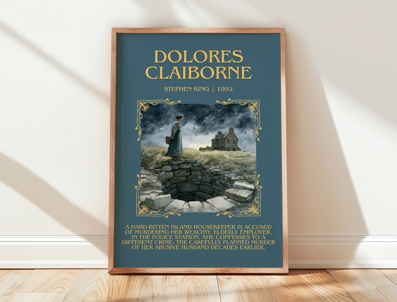 Dolores Claiborne minimalist print in frame leaning in hallway – thriller wall art