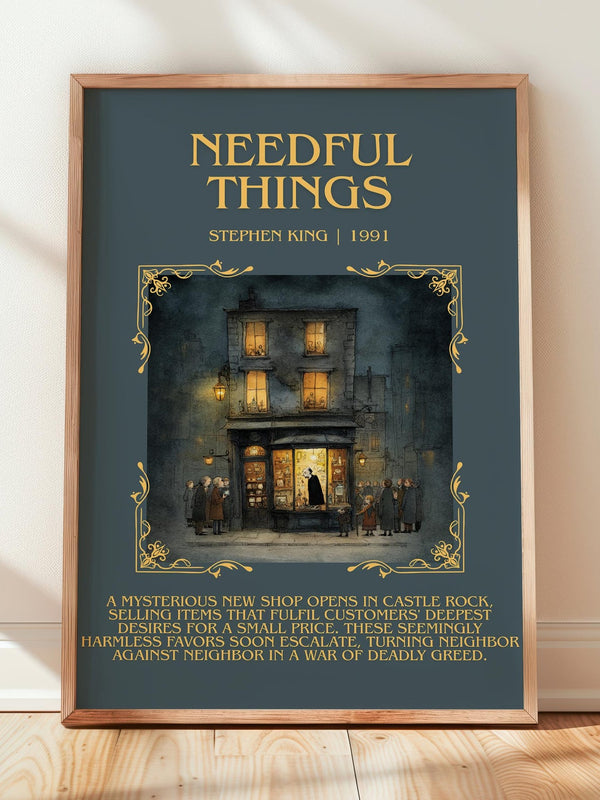 Needful Things minimalist print in frame leaning in hallway – horror wall art