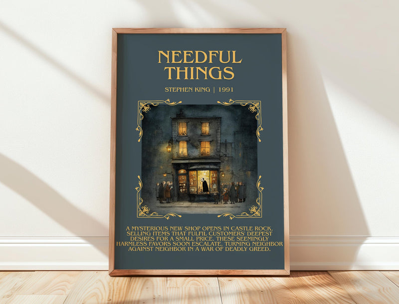 Needful Things minimalist print in frame leaning in hallway – horror wall art