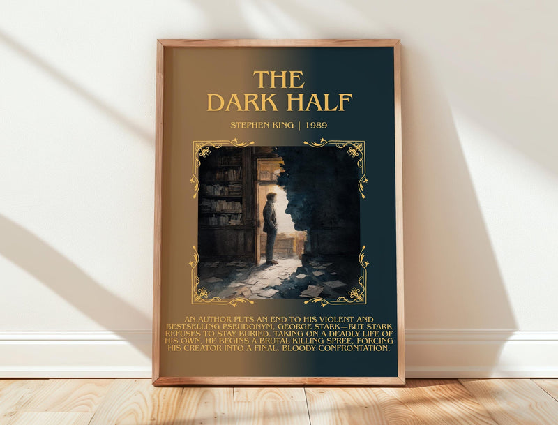 The Dark Half minimalist print in frame leaning in hallway – horror wall art