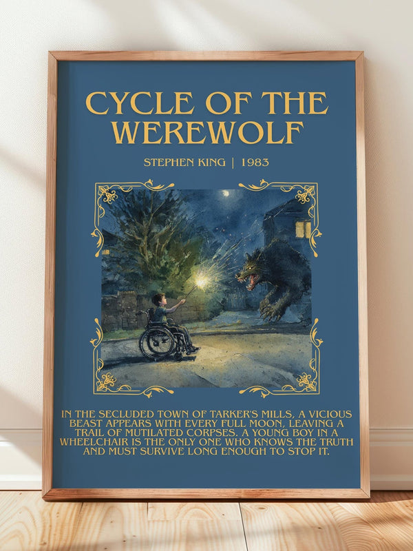Cycle of the Werewolf minimalist print in frame leaning in hallway – horror wall art