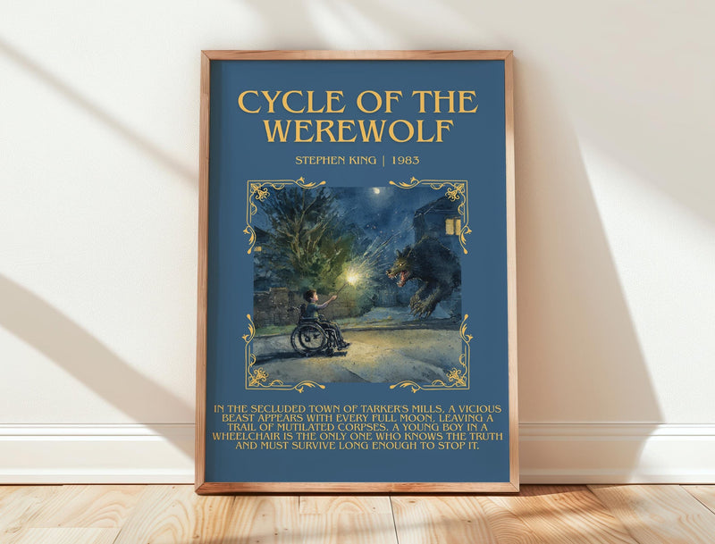 Cycle of the Werewolf minimalist print in frame leaning in hallway – horror wall art