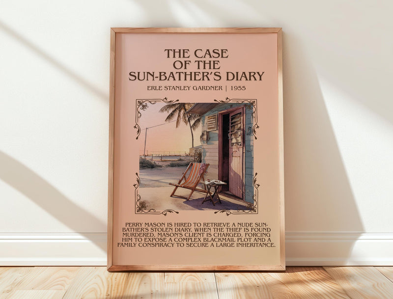 The Case of the Sun Bather's Diary minimalist print in frame leaning in hallway – mystery wall art