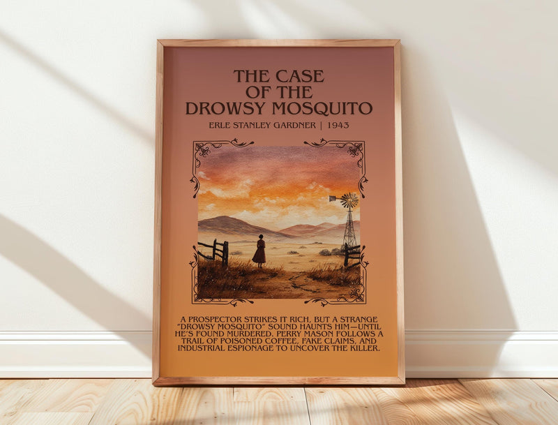 The Case of the Drowsy Mosquito minimalist print in frame leaning in hallway – mystery wall art
