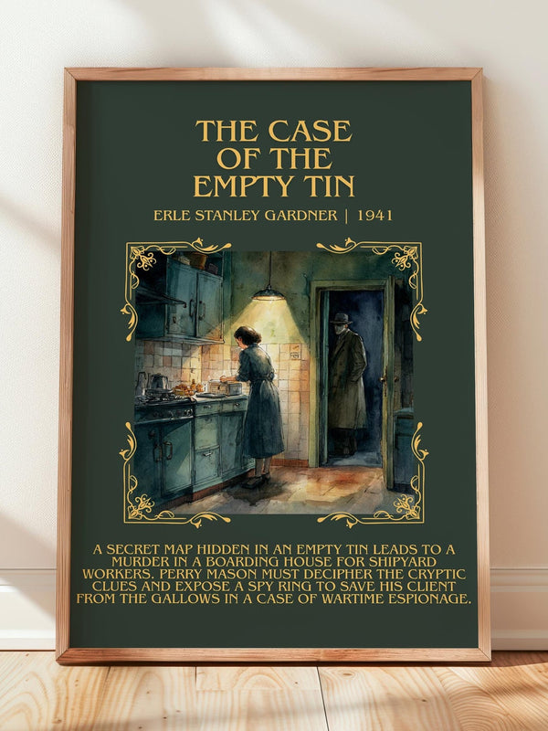 The Case of the Empty Tin minimalist print in frame leaning in hallway – mystery wall art