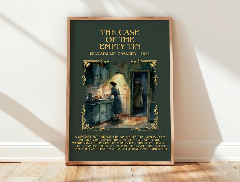 The Case of the Empty Tin minimalist print in frame leaning in hallway – mystery wall art
