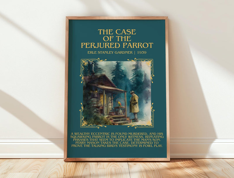The Case Of The Perjured Parrot minimalist print in frame leaning in hallway – mystery wall art