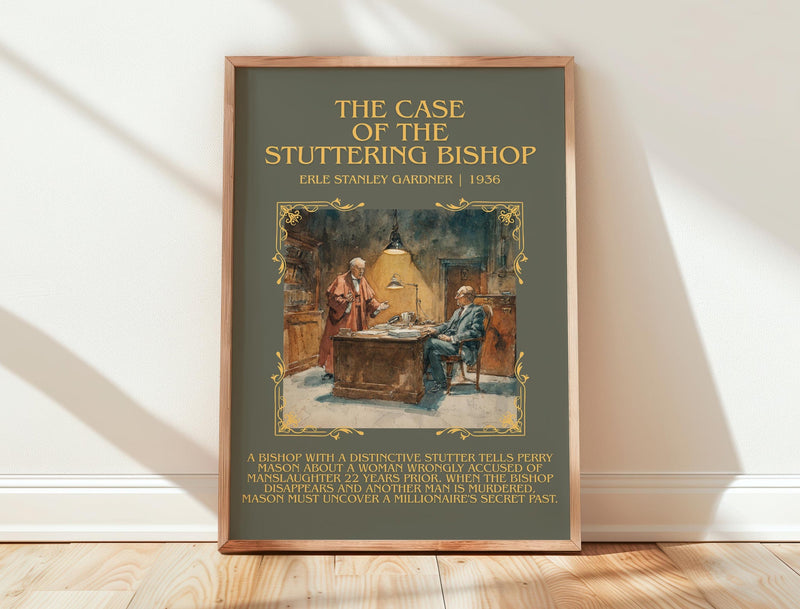 The Case of the Stuttering Bishop minimalist print in frame leaning in hallway – mystery wall art