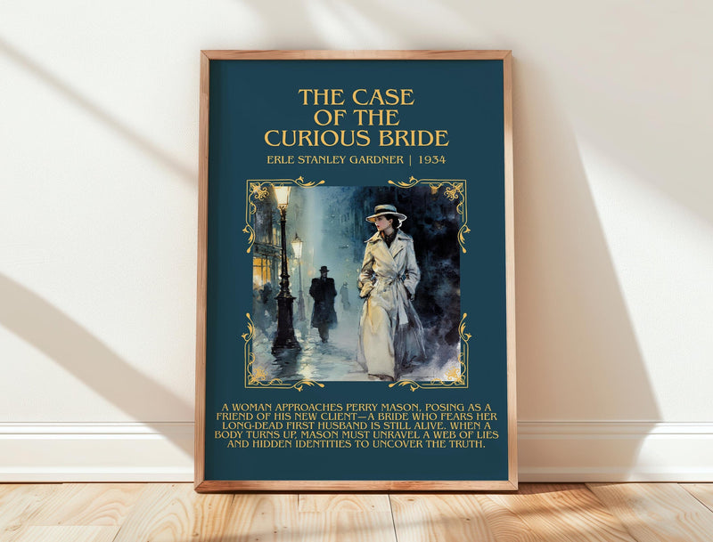 The Case of the Curious Bride minimalist print in frame leaning in hallway – mystery wall art