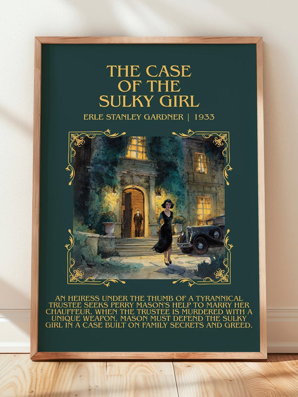 The Case Of The Sulky Girl minimalist print in frame leaning in hallway – mystery wall art