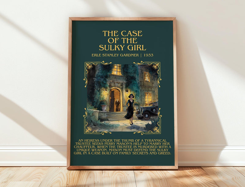 The Case Of The Sulky Girl minimalist print in frame leaning in hallway – mystery wall art