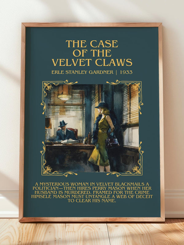 The Case of the Velvet Claws minimalist print in frame leaning in hallway – mystery wall art