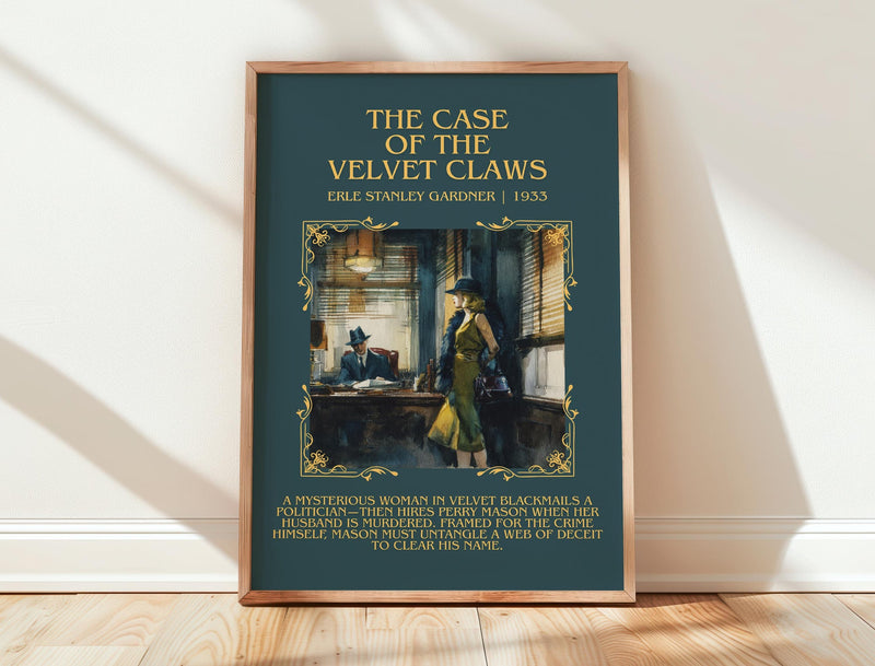 The Case of the Velvet Claws minimalist print in frame leaning in hallway – mystery wall art