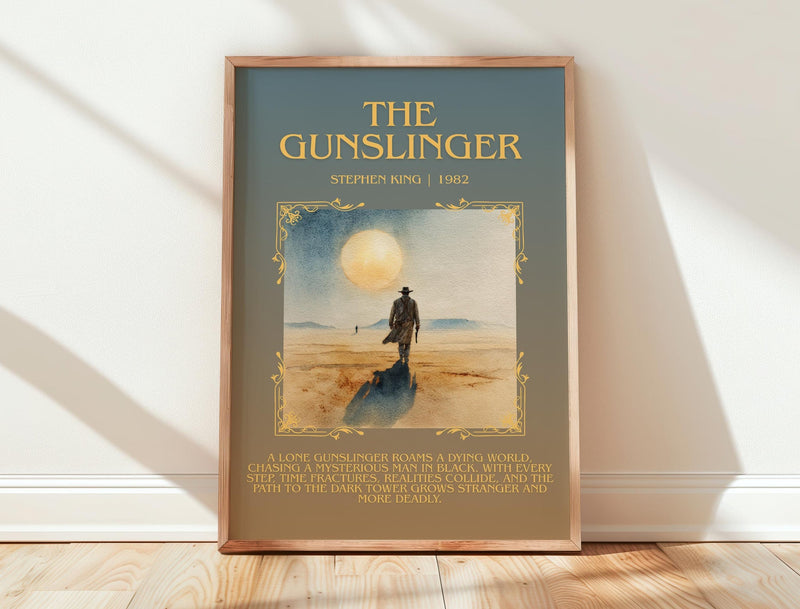 The Gunslinger minimalist print in frame leaning in hallway – fantasy wall art