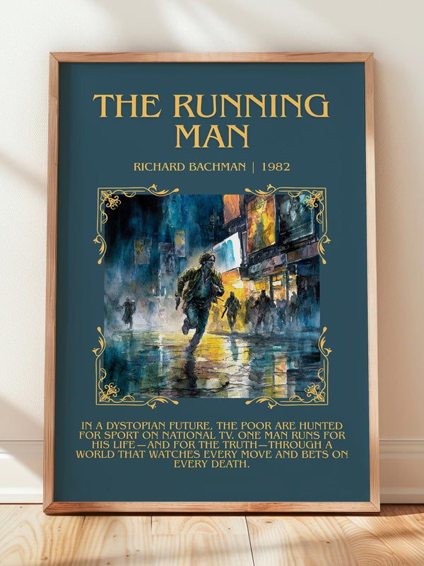 The Running Man minimalist print in frame leaning in hallway – dystopian wall art
