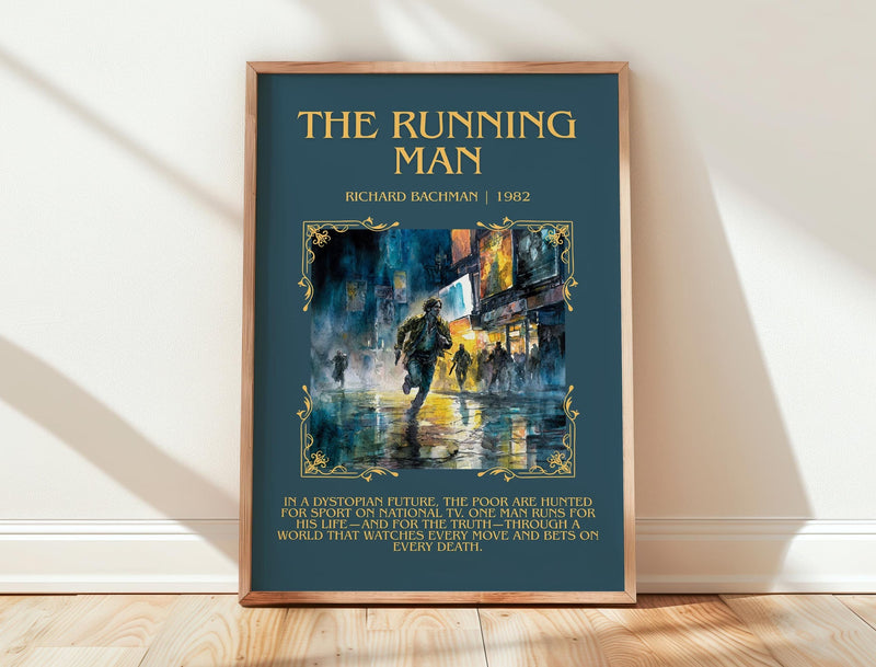 The Running Man minimalist print in frame leaning in hallway – dystopian wall art