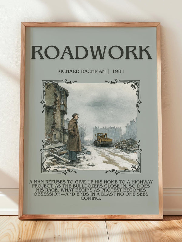 Roadwork minimalist print in frame leaning in hallway – thriller wall art
