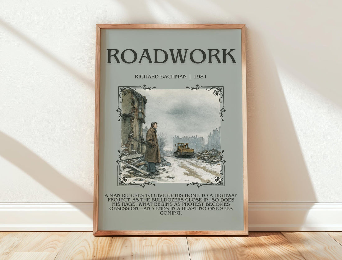 Roadwork minimalist print in frame leaning in hallway – thriller wall art (mockup)