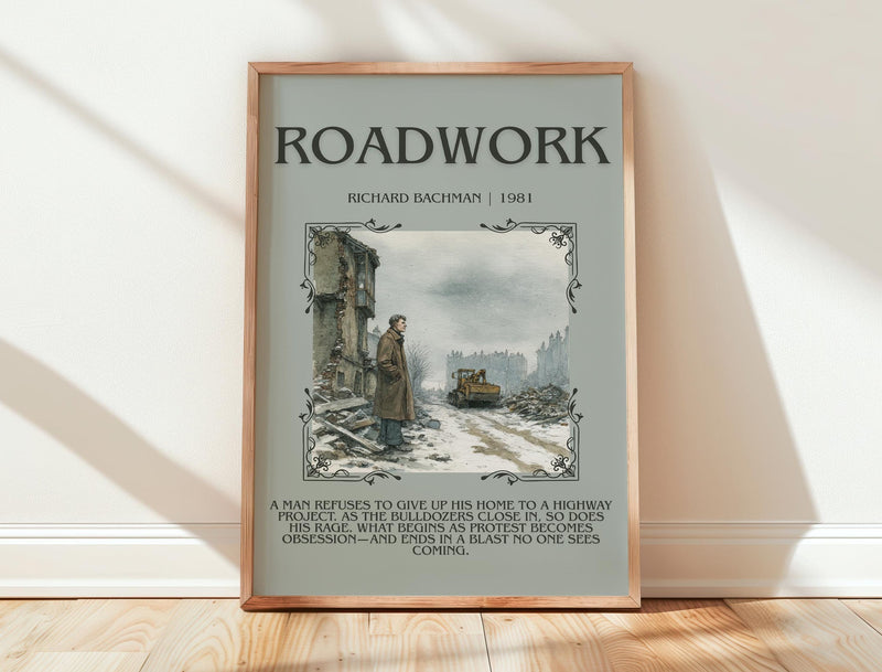 Roadwork minimalist print in frame leaning in hallway – thriller wall art