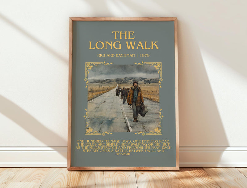 The Long Walk minimalist print in frame leaning in hallway – dystopian wall art