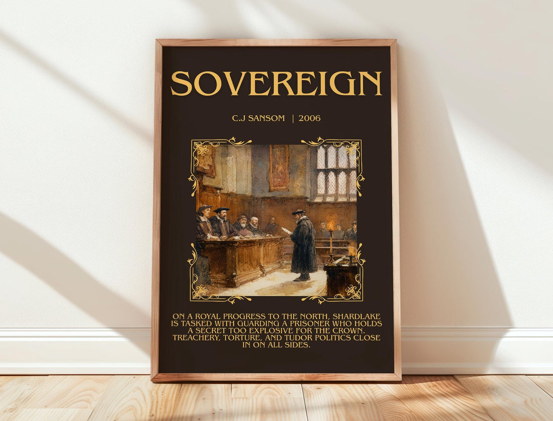 Sovereign minimalist print in frame leaning in hallway – historical fiction wall art (mockup)
