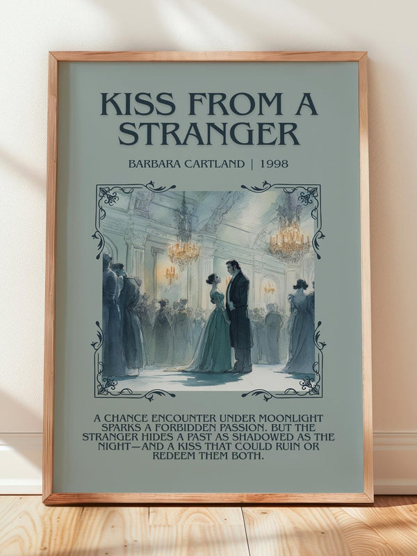 Kiss from a Stranger minimalist print in frame leaning in hallway – romance wall art