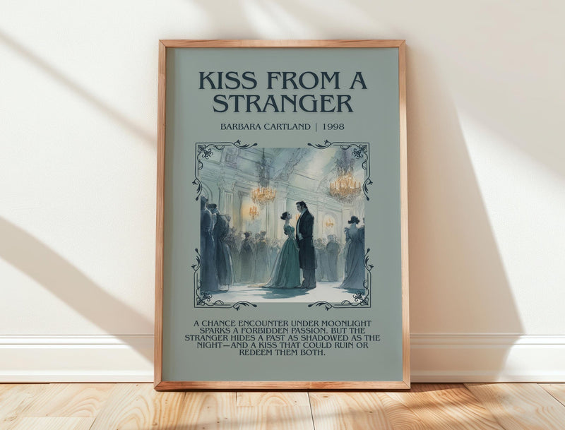Kiss from a Stranger minimalist print in frame leaning in hallway – romance wall art