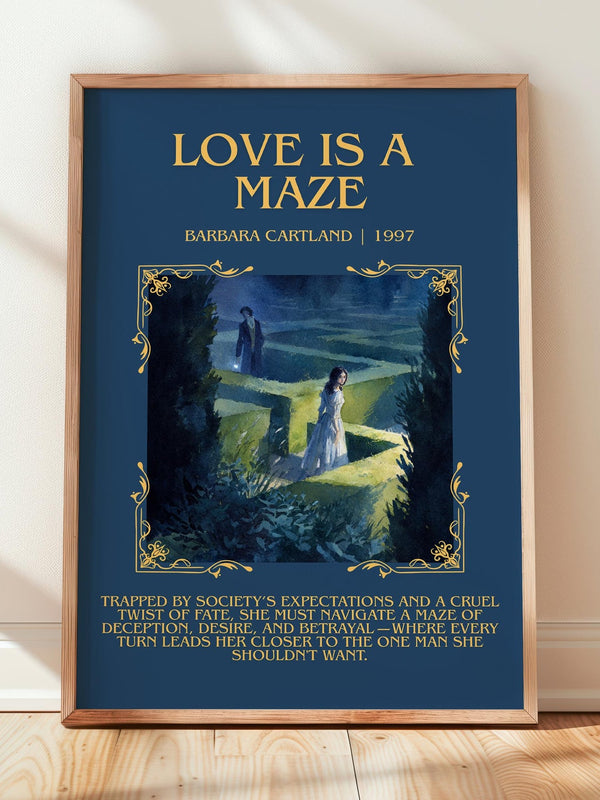 Love Is a Maze minimalist print in frame leaning in hallway – romance wall art