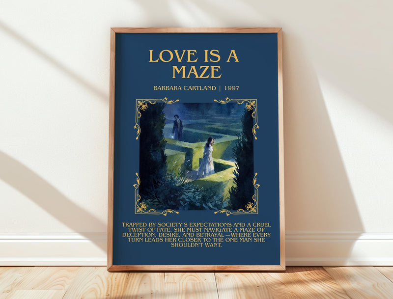 Love Is a Maze minimalist print in frame leaning in hallway – romance wall art