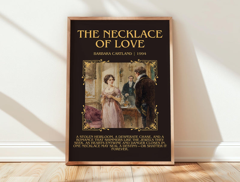 The Necklace of Love minimalist print in frame leaning in hallway – romance wall art