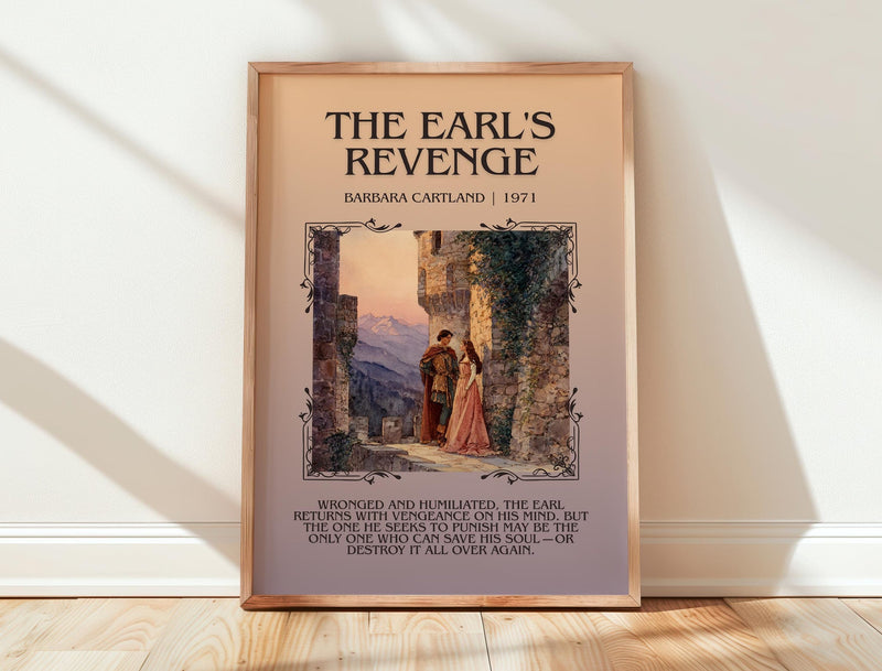 The Earl's Revenge minimalist print in frame leaning in hallway – romance wall art