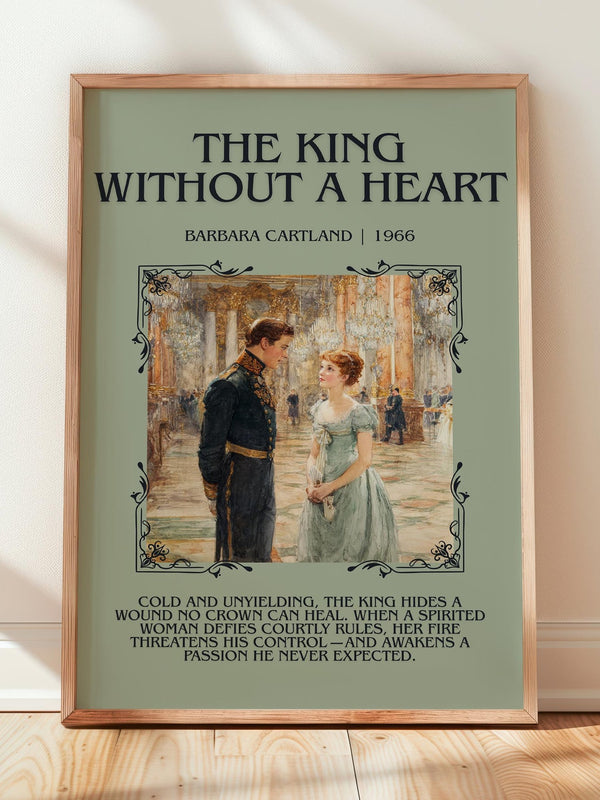 The King Without A heart minimalist print in frame leaning in hallway – romance wall art