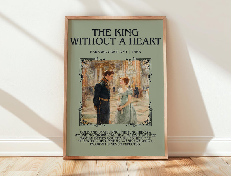 The King Without A heart minimalist print in frame leaning in hallway – romance wall art