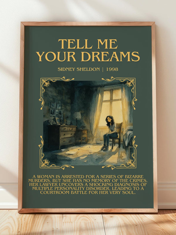Tell Me Your Dreams minimalist print in frame leaning in hallway – thriller wall art