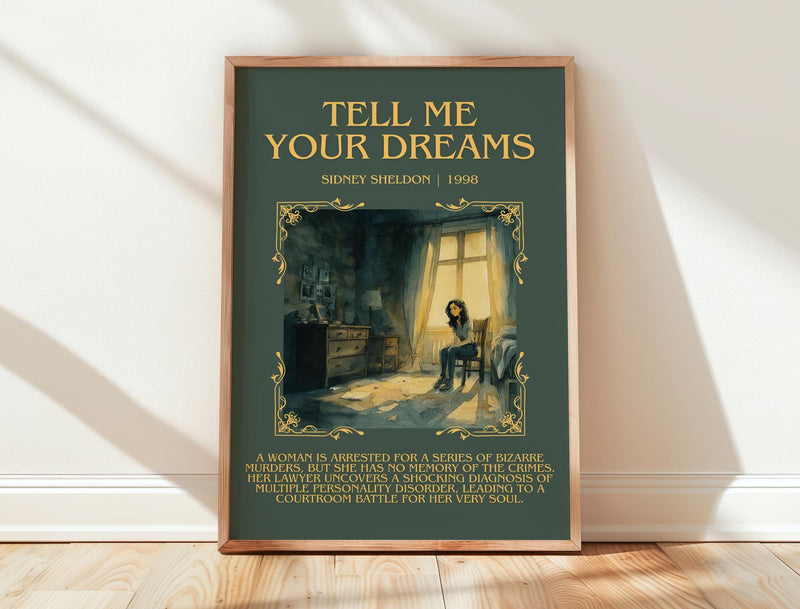 Tell Me Your Dreams minimalist print in frame leaning in hallway – thriller wall art