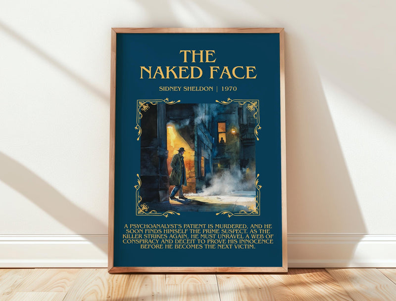 The Naked Face minimalist print in frame leaning in hallway – thriller wall art