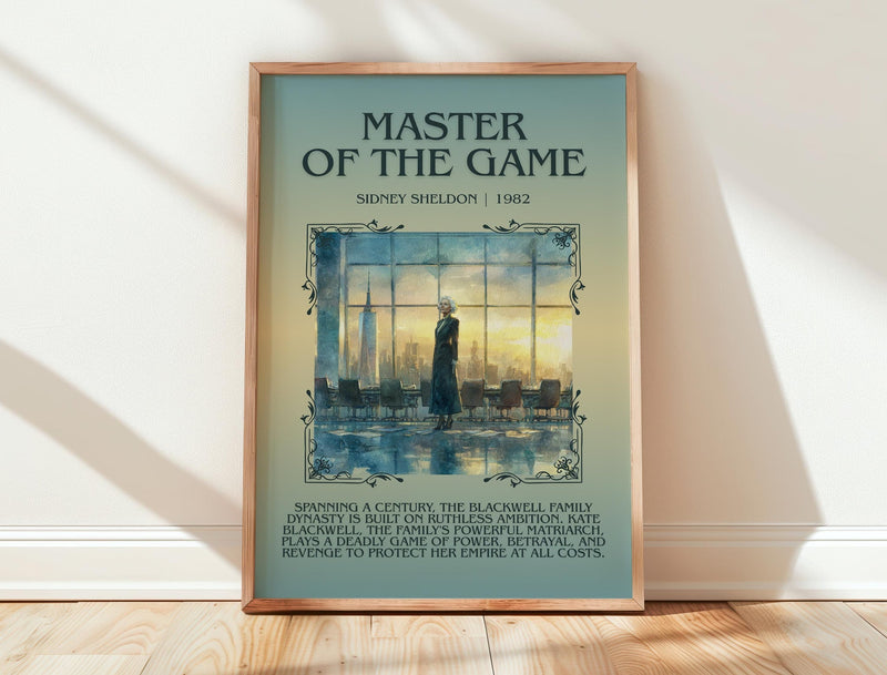 Master of the Game minimalist print in frame leaning in hallway – thriller wall art