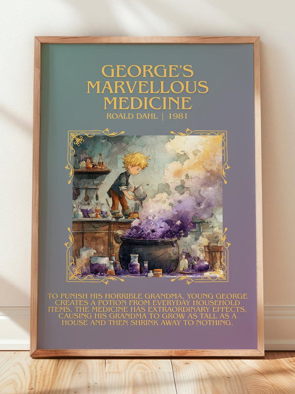 George's Marvellous Medicine minimalist print in frame leaning in hallway – childrens wall art