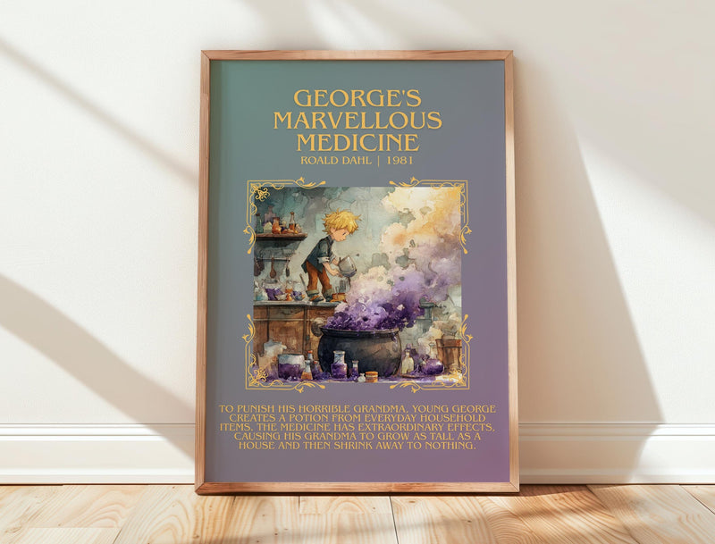 George's Marvellous Medicine minimalist print in frame leaning in hallway – childrens wall art