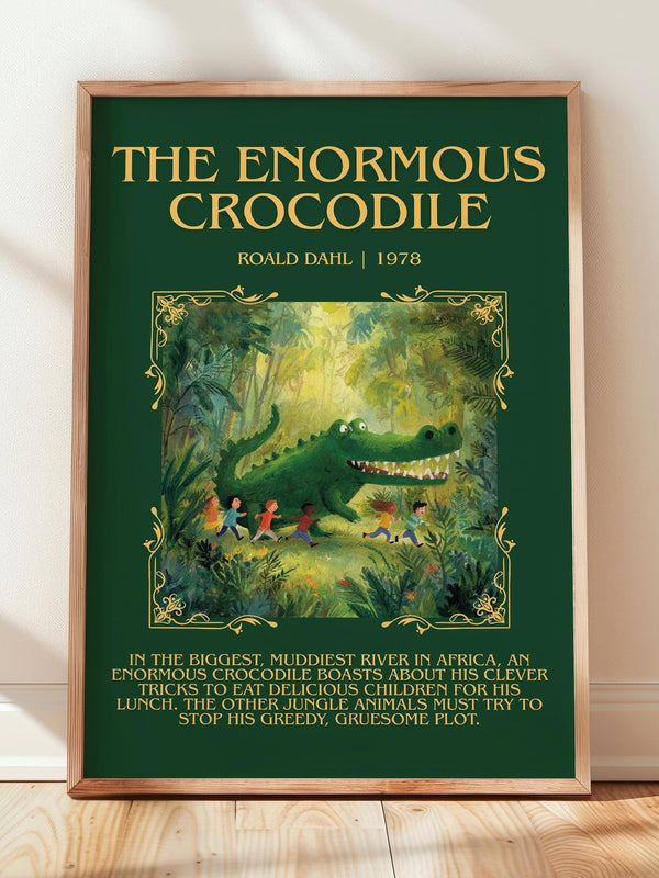The Enormous Crocodile minimalist print in frame leaning in hallway – childrens wall art