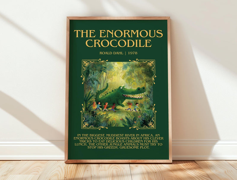 The Enormous Crocodile minimalist print in frame leaning in hallway – childrens wall art