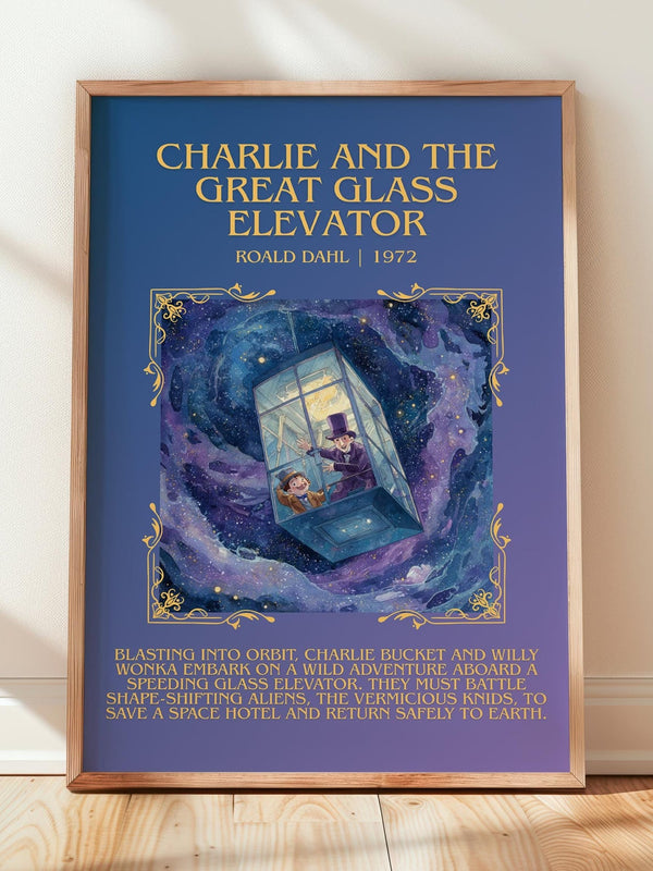 Charlie and the Great Glass Elevator minimalist print in frame leaning in hallway – childrens wall art